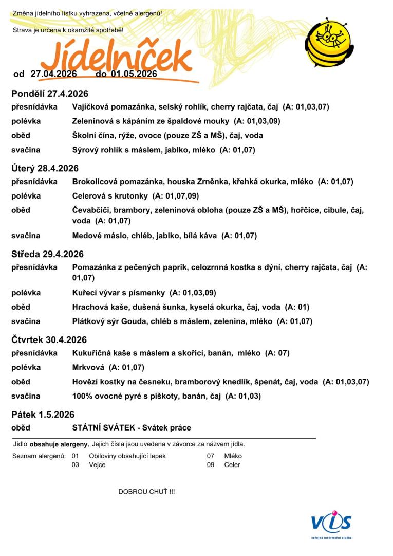 JÍDELNÍČEK MŠ 13.4.-17.4.2026