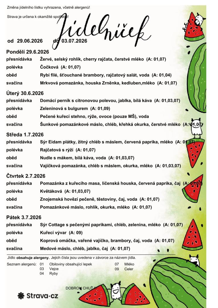JÍDELNÍČEK MŠ 29.6.-3.7.2026